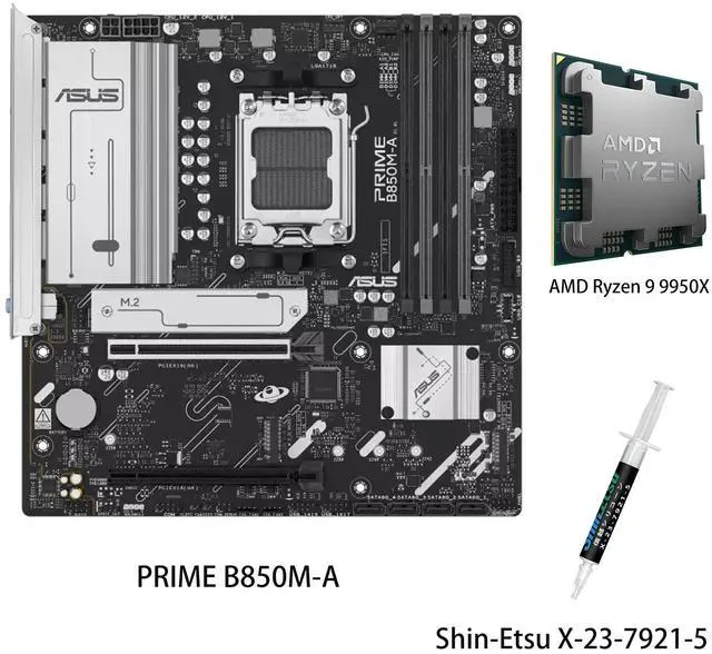 Main image of ASUS PRIME B850M-A Motherboard & AMD Ryzen9 9950X CPU Combo, AMD B850 (AM5 Socket) micro-ATX,5PCIe 5.0 Ready,three M.2 slots,Realtek 2.5Gb Ethernet,dual DisplayPort,front USB 5Gbps Type-C support