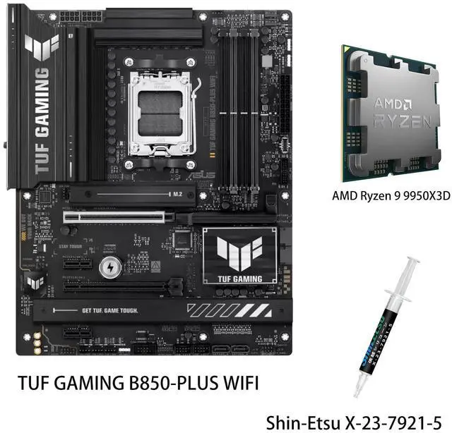 Main image of ASUS TUF GAMING B850 PLUS WIFI Motherboard & AMD Ryzen9 9950X3D CPU Combo, AM5 interface for Rui Long 9000/8000/7000, 14+2+1 (80A) power supply, DDR5, 2.5G network / WiFi7, Dual M.2 PCIe5.0