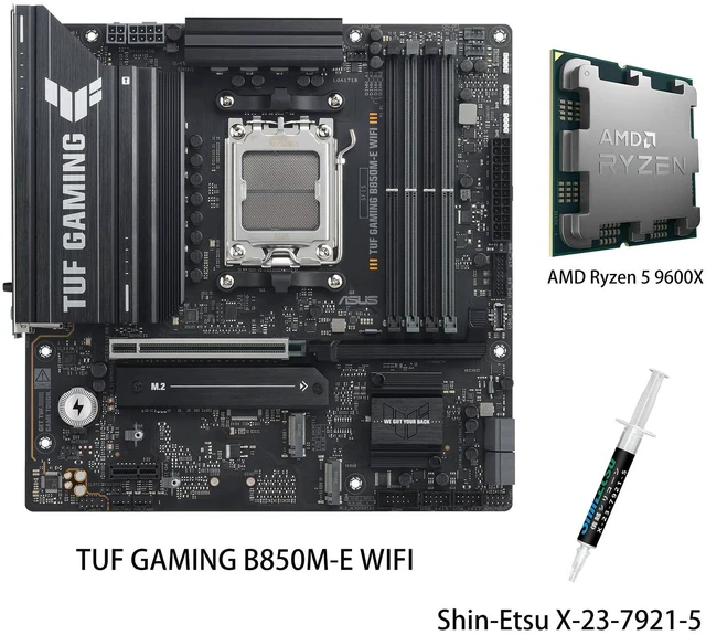 Main image of ASUS TUF GAMING B850M-E WIFI Motherboard & AMD Ryzen 5 9600X CPU Combo, AMD B850 mATX motherboard AM5, three M.2 DisplayPort, rear USB10Gbps Type-Ceport, Bl0SFlashBack, Addressable RGB Gen2 headers