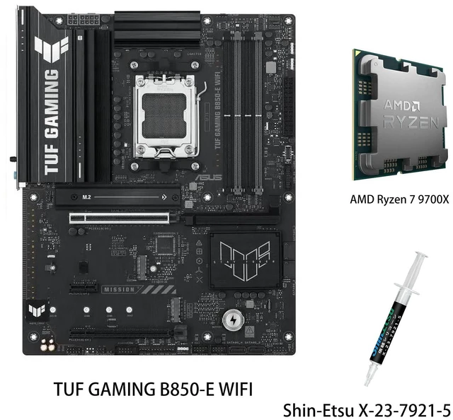 Main image of ASUS TUF GAMING B850-E WIFI Motherboard & AMD Ryzen 7 9700X CPU Combo, AMD AM5 B850 ATX motherboard, DDR5,PCIe 5.0 Ready, M.2 slots x3, Wi-Fi 6E, 2.5Gb Ethernet, USB 20Gbps Type-C,USB 10Gbps Type-C