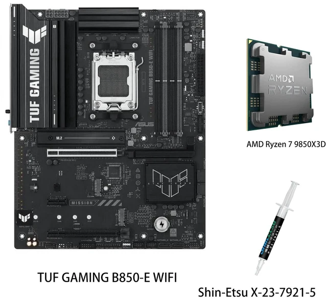 Main image of ASUS TUF GAMING B850-E WIFI Motherboard & AMD Ryzen 7 9850X3D CPU Combo, AMD AM5 B850 ATX motherboard, DDR5,PCIe 5.0 Ready, M.2 slots x3, Wi-Fi 6E, 2.5Gb Ethernet, USB 20Gbps Type-C,USB 10Gbps Type-C