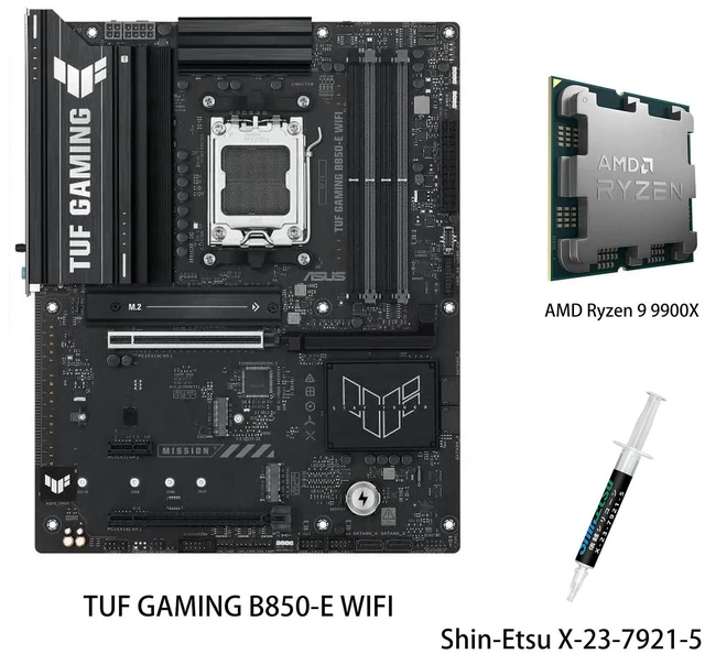 Main image of ASUS TUF GAMING B850-E WIFI Motherboard & AMD Ryzen 9 9900X CPU Combo, AMD AM5 B850 ATX motherboard, DDR5,PCIe 5.0 Ready, M.2 slots x3, Wi-Fi 6E, 2.5Gb Ethernet, USB 20Gbps Type-C,USB 10Gbps Type-C