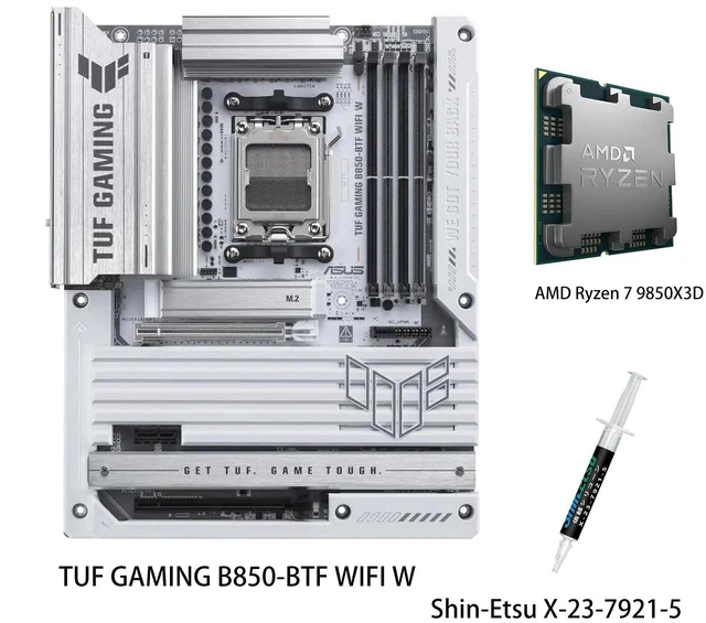 Main image of ASUS TUF GAMING B850-BTF WIFI W Motherboard & AMD Ryzen 7 9850X3D CPU Combo, AMD B850 ATX Motherboard,AM5,Hidden-Connector Design,14+2+1 80A DrMOS Power Stages,PCIe 5.0 Ready,3X M.2,Wi-Fi 7, 2.5Gb LAN