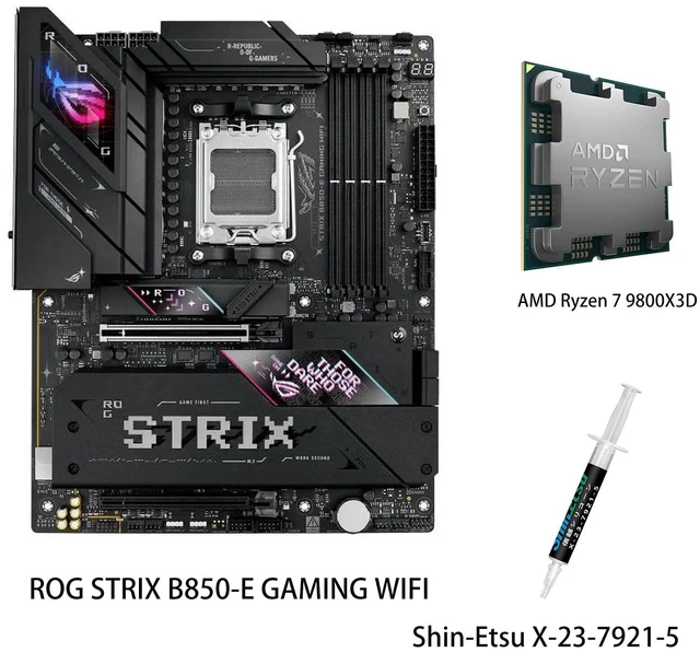 Main image of ASUS ROG Strix B850-E Gaming WiFi Motherboard & AMD Ryzen 7 9800X3D CPU Combo, AM5 B850 ATX 16+2+2 Stages, Dynamic OC, Core Flex,DDR5 w/AEMP, WiFi 7, 5X M.2, 5G LAN, PCIe 5.0,USB4, USB 20Gbps Type-C,