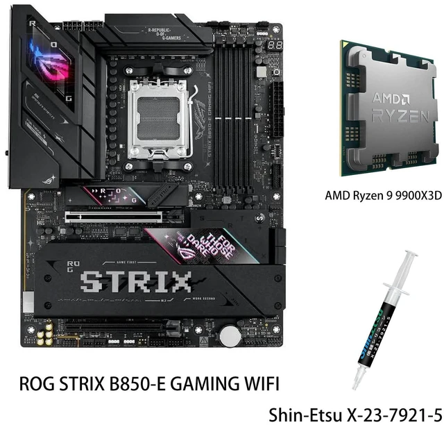 Main image of ASUS ROG Strix B850-E Gaming WiFi Motherboard & AMD Ryzen 9 9900X3D CPU Combo, AM5 B850 ATX 16+2+2 Stages, Dynamic OC, Core Flex,DDR5 w/AEMP, WiFi 7, 5X M.2, 5G LAN, PCIe 5.0,USB4, USB 20Gbps Type-C,