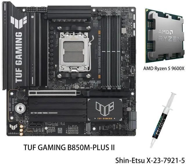 Main image of ASUS TUF GAMING B850M-PLUS II Motherboard & AMD Ryzen 5 9600X CPU Combo, AMD AM5 B850 mATX, DDR5, three M.2 slots, four SATA 6Gb/s port, one Realtek 2.5Gb Ethernet, Aura Sync
