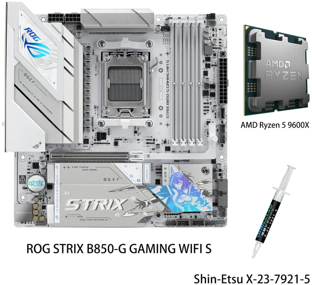 Main image of ASUS ROG STRIX B850-G GAMING WIFI S Motherboard & AMD Ryzen 5 9600X CPU Combo, AMD AM5 B850 mATX white Motherboard, DDR5 WIFI 7,4x M.2, PCIe 5.0 x16, USB 20Gbps Type-C, Ryzen 5 9000 Series