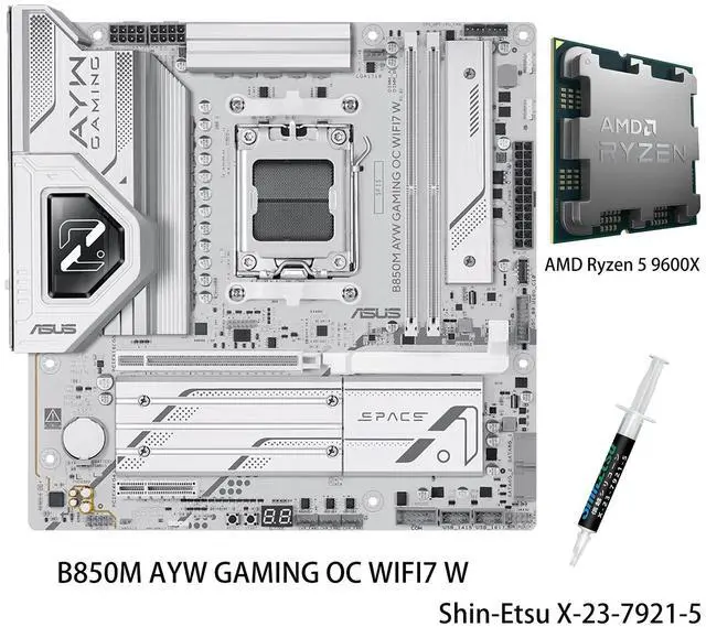 Main image of ASUS B850M AYW GAMING OC WIFI7 W Motherboard & AMD Ryzen 5 9600X CPU Combo, AMD AM5, DDR5, PCIe 5.0 slot, 2.5Gb Ethernet, rear USB 20Gbps Type-C, front USB 10Gbps Type-C, WiFi 7, Aura Sync