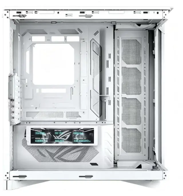 Main image of ASUS ROG Cronox GR801 Curved Deluxe Edition Case, featuring a 9.2-inch ROG-exclusive secondary display; compatible with E-ATX, ATX, BTF, MATX, and MINI-ATX motherboards; white