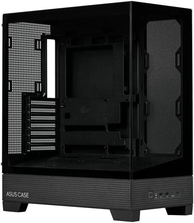 Main image of ASUS Lanjie A31 Case, supports ATX, M-ATX, and Mini-ITX motherboards, features a high-speed Type-C port, an angled bottom fan mount, tool-free disassembly, a dual-panel glass design, black.