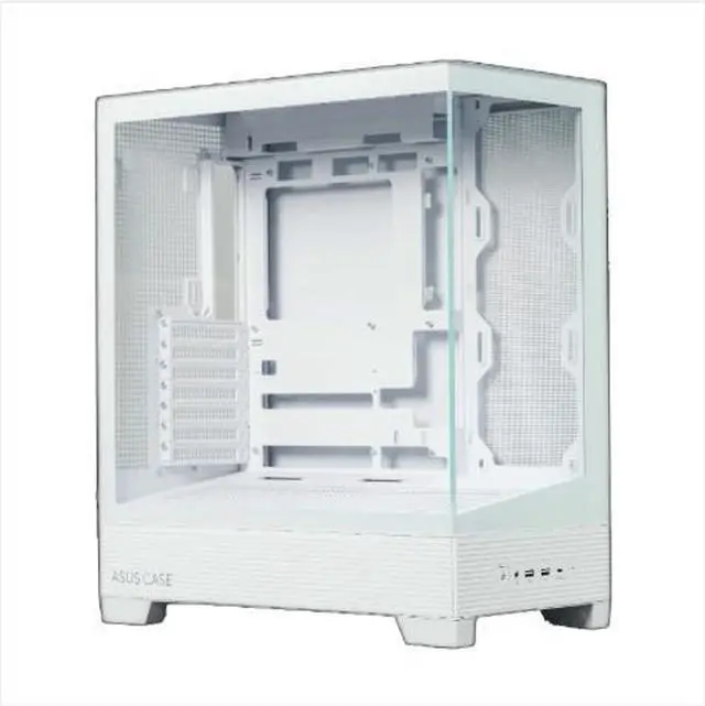 Main image of ASUS Lanjie A31 Case, supports ATX, M-ATX, and Mini-ITX motherboards, features a high-speed Type-C port, an angled bottom fan mount, tool-free disassembly, a dual-panel glass design, white.
