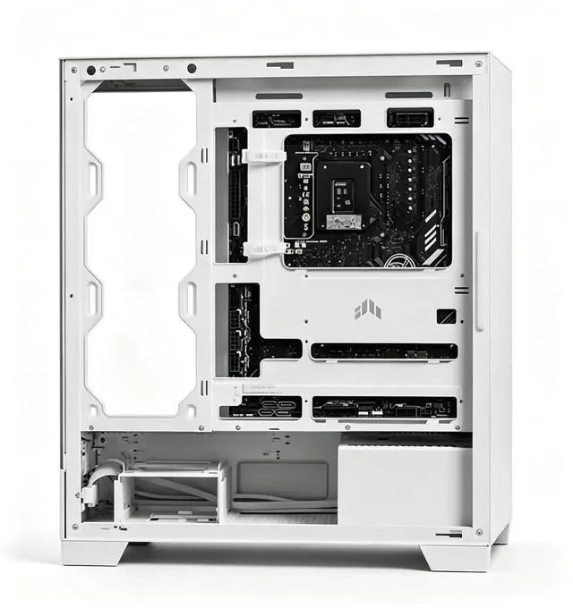 Alt view image 3 of 7 - ASUS Lanjie A31 Case, supports ATX, M-ATX, and Mini-ITX motherboards, features a high-speed Type-C port, an angled bottom fan mount, tool-free disassembly, a dual-panel glass design, white.