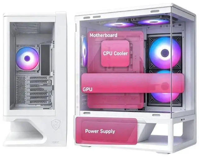 Alt view image 4 of 6 - MSI MPG VIXTA 300L PZ White MidTower Ocean View PC Case, Supports ATX BackConnect Motherboards, OnePiece Curved Tempered Glass, Trapezoidal Base Design, 35mm Rear CableRouting Space