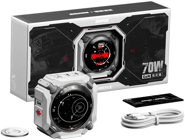 Alt view image 2 of 7 - SONGX Wandering Earth 70W GaN Charger with 1m Type-C Cable, 3-Port Fast Charging (1xUSB, 2xType-C Ports), Support iOS/Android/Windows/Handheld Consoles, Star Ring Lighting Surround, Mecha Charger
