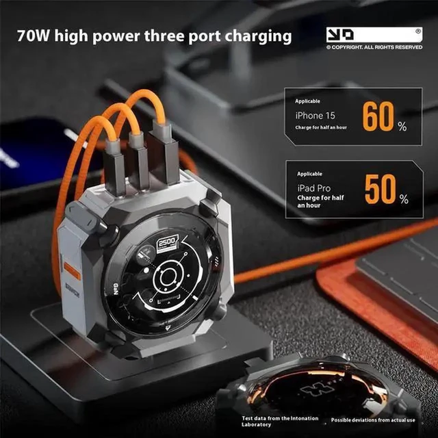 Alt view image 5 of 7 - SONGX Wandering Earth 70W GaN Charger with 1m Type-C Cable, 3-Port Fast Charging (1xUSB, 2xType-C Ports), Support iOS/Android/Windows/Handheld Consoles, Star Ring Lighting Surround, Mecha Charger