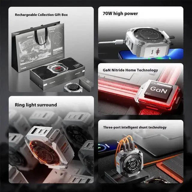 Alt view image 3 of 7 - SONGX Wandering Earth 70W GaN Charger with 1m Type-C Cable, 3-Port Fast Charging (1xUSB, 2xType-C Ports), Support iOS/Android/Windows/Handheld Consoles, Star Ring Lighting Surround, Mecha Charger