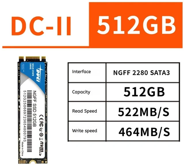 Alt view image 2 of 5 - DUCI universal internal SSD Solid State 512GB NGFF M.2, Notebook and PC laptop, SATA3.0 interface, Speeds Up to 485MB/s,for Gaming, Work
