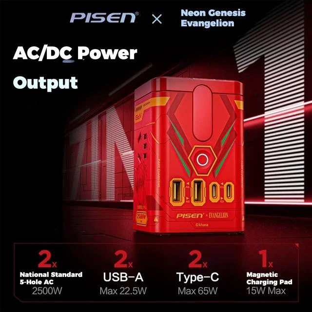 Alt view image 7 of 7 - PISEN EVA Asuka 65W GaN Magnetic Wireless Charging Socket, 8-in-1 Portable Fast Charging Station, Support iOS, Android, Windows, and macOS Devices, Red