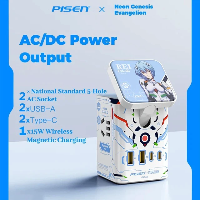 Alt view image 7 of 7 - PISEN EVA Rei Ayanami 65W GaN Magnetic Wireless Charging Socket, 8-in-1 Portable Fast Charging Station, Support iOS, Android, Windows, and macOS Devices,White