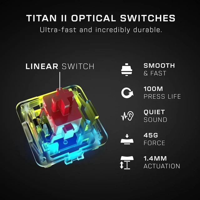 Alt view image 6 of 7 - ROCCAT Vulcan II Max Optical-Mechanical PC Gaming Keyboard, 104 Keys, Customizable RGB Illuminated Keys and Palm Rest, Titan II Smooth Linear Switches, Aluminum Plate, 100 M Keystroke Durability-Black