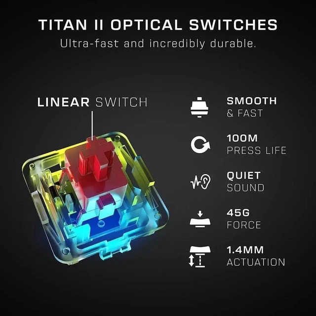 Alt view image 6 of 7 - ROCCAT Vulcan II Max Optical-Mechanical PC Gaming Keyboard, 104 Keys, Customizable RGB Illuminated Keys and Palm Rest, Titan II Smooth Linear Switches, Aluminum Plate, 100 M Keystroke Durability-White