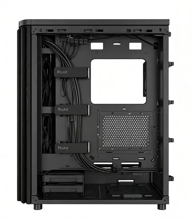 Main image of ASUS ProArt PA401 Standard Edition case supports ATX, M-ATX, and MINI-ITX motherboards. It comes standard with a 160mm custom fan, a one-touch side panel, and a pet-proof power-off lock.
