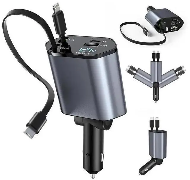 Main image of Amblive 4-in-1 Fast Car Charger with 31.5in Extension Cable  USB & Type-C Ports, 180° Adjustable Plug, Tangle-Free Mount  Compatible with iPhone 16/15/14/13/12/11 & Android Devices No Battery Included