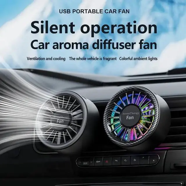 Main image of Amblive Carbon Fiber Car Fan with 3 Aromatherapy Pads  3-Speed USB Air Circulator with 7-Color LED Lights, Portable Dashboard Fan for Car, SUV, Truck, RV Interior Cooling, No Battery Required