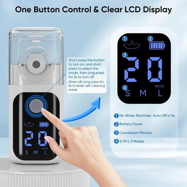 Alt view image 3 of 6 - Monport| Handheld Nebulizer for Adults Kids - 3 Speed Modes, USB-C Rechargeable, Self-Clean Function, Quiet Inhaler with LCD Screen & Masks  (For Cough, Cold, Asthma - Home & Travel Use)