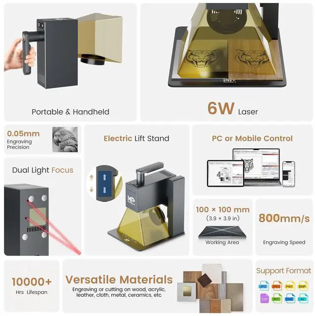 Alt view image 2 of 7 - Monport|6W Handheld Laser Engraver, 0.05mm High Precision Laser Cutter with Electric Lift Stand, Dual Red Light Focus, 600mm/s Fast Engraving Speed, Wi-Fi & USB Connection
