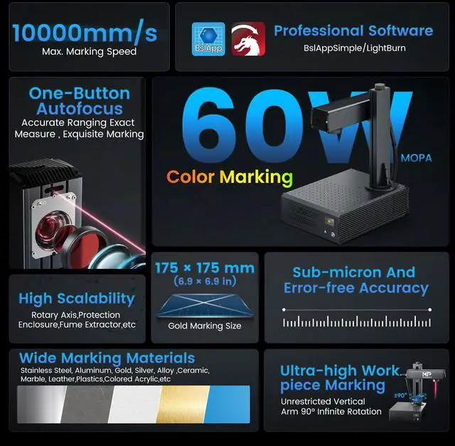 Alt view image 4 of 7 - Monport |GA 100W MOPA Fiber Laser Integrated Engraver & Color Marking Machine with AutoFocus