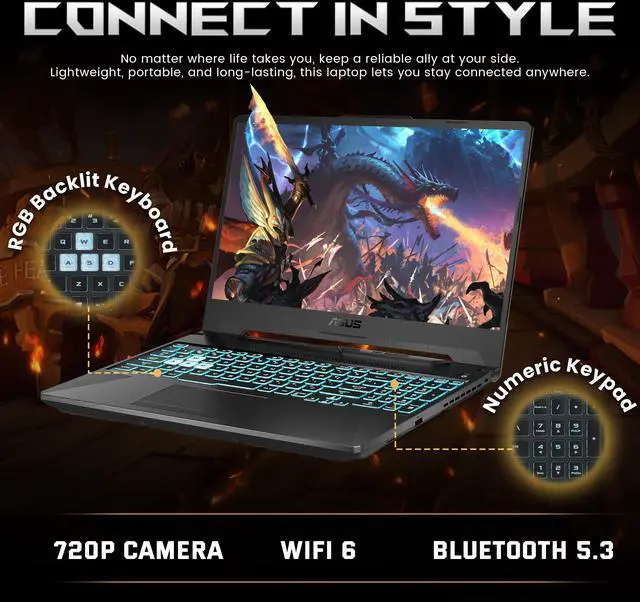 Alt view image 5 of 7 - ASUS TUF A15 15.6" FHD 144Hz Gaming Laptop, 64GB DDR5 RAM, 2TB SSD, AMD Ryzen 7 7435HS, GeForce RTX 3050 4GB GDDR6, Windows 11, RGB Backlit Keyboard, Webcam, Black, 128GB Docking Station Set