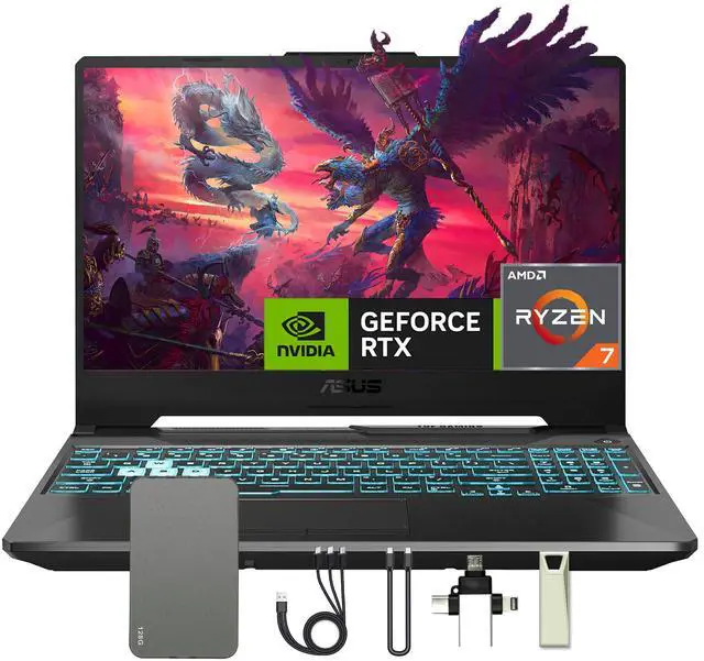 Main image of ASUS TUF A15 15.6" FHD 144Hz Gaming Laptop, 64GB DDR5 RAM, 2TB SSD, AMD Ryzen 7 7435HS, GeForce RTX 3050 4GB GDDR6, Windows 11, RGB Backlit Keyboard, Webcam, Black, 128GB Docking Station Set