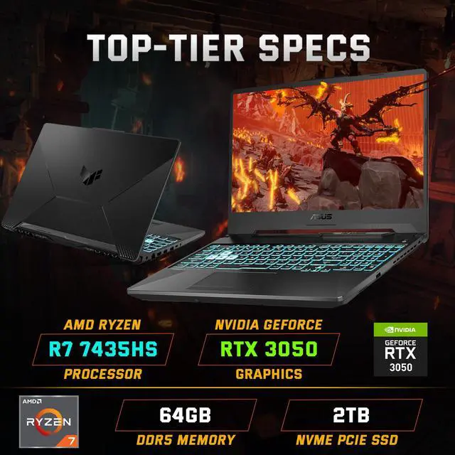Alt view image 3 of 7 - ASUS TUF A15 15.6" FHD 144Hz Gaming Laptop, 64GB DDR5 RAM, 2TB SSD, AMD Ryzen 7 7435HS, GeForce RTX 3050 4GB GDDR6, Windows 11, RGB Backlit Keyboard, Webcam, Black, 128GB Docking Station Set