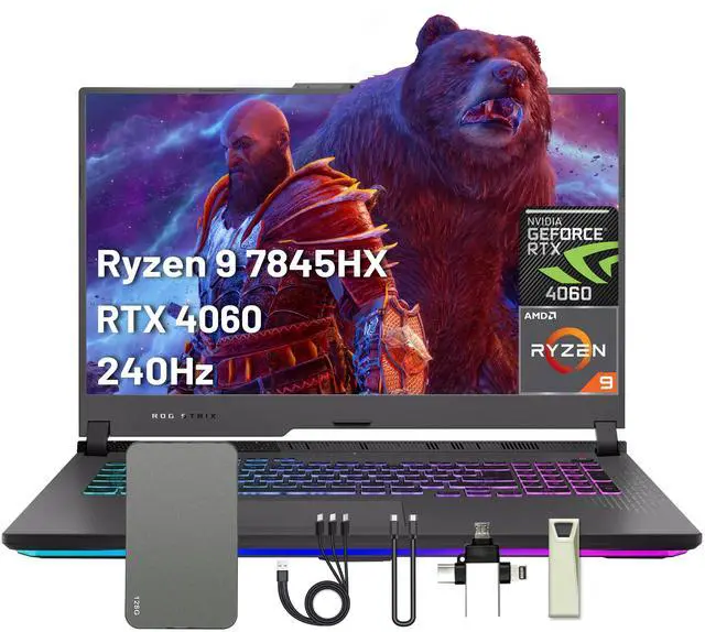 Main image of ASUS ROG Strix G17 Gaming Laptop, 17.3" 240Hz QHD Display, 16GB DDR5, 1TB PCIe SSD, AMD Ryzen 9-7845HX, GeForce RTX 4060 8GB GDDR6, Win 11, RGB Keyboard, Wi-Fi 6E, Gray, 160GB Docking Station Set