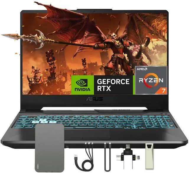Main image of ASUS TUF A15 15.6" FHD 144Hz Gaming Laptop, 16GB DDR5 RAM, 512GB SSD, AMD Ryzen 7 7435HS, GeForce RTX 3050 4GB GDDR6, Win 11 Pro, RGB Backlit Keyboard, Wi-Fi 6, Black, 128GB Docking Station Set