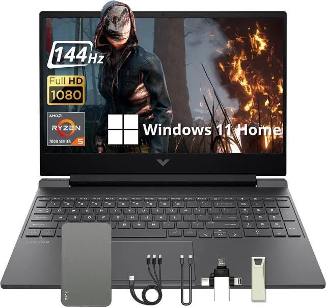 Main image of HP Victus 15.6" Gaming Laptop, 144Hz FHD IPS Display, AMD Ryzen 5 7535HS, 8GB DDR5, 512GB SSD, AMD Radeon RX 6550M, Backlit Keyboard, Wi-Fi 6, Win 11, Silver, 160GB Docking Station Set