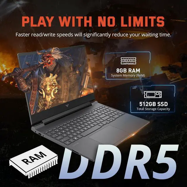 Alt view image 4 of 7 - HP Victus 15.6" Gaming Laptop, 144Hz FHD IPS Display, AMD Ryzen 5 7535HS, 8GB DDR5, 512GB SSD, AMD Radeon RX 6550M, Backlit Keyboard, Wi-Fi 6, Win 11 Pro,  Silver, 160GB Docking Station Set