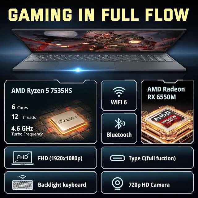 Alt view image 3 of 7 - HP Victus 15.6" Gaming Laptop, 144Hz FHD IPS Display, AMD Ryzen 5 7535HS, 8GB DDR5, 512GB SSD, AMD Radeon RX 6550M, Backlit Keyboard, Wi-Fi 6, Win 11 Pro,  Silver, 160GB Docking Station Set