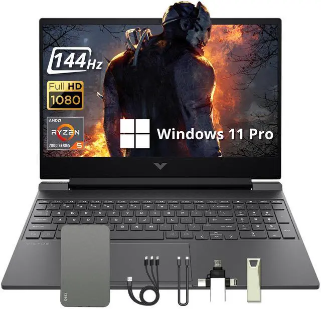 Main image of HP Victus 15.6" Gaming Laptop, 144Hz FHD IPS Display, AMD Ryzen 5 7535HS, 8GB DDR5, 512GB SSD, AMD Radeon RX 6550M, Backlit Keyboard, Wi-Fi 6, Win 11 Pro,  Silver, 160GB Docking Station Set