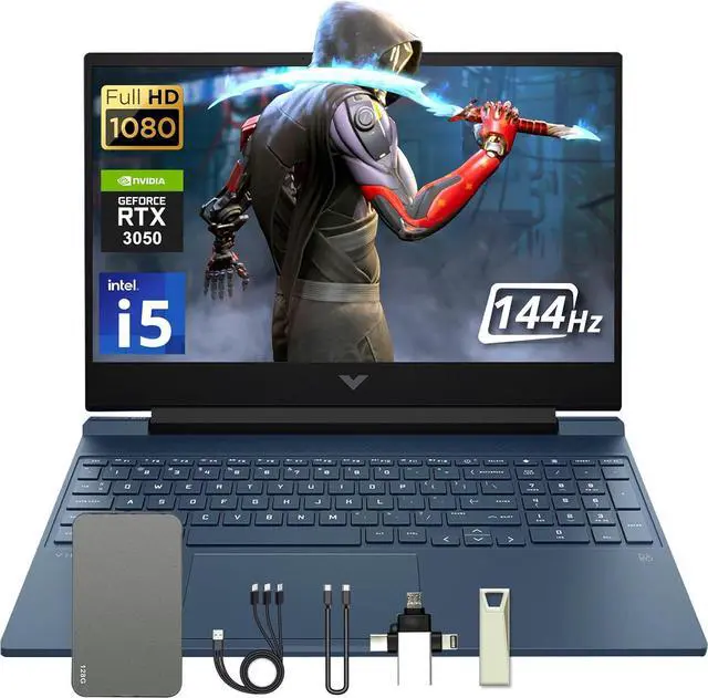 Main image of HP Victus 15.6" Gaming Laptop, 144Hz Full HD IPS Display, Intel-i5 12450H, 8GB Memory, 512GB SSD + 160GB Docking Station Set, NVIDIA GeForce RTX 3050, Backlit Keyboard, Wi-Fi 6, Win 11 Pro, Blue