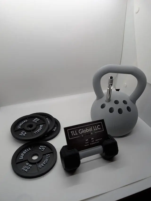 Main image of Gym Themed Desk Accessories Dumbbell Business Card Holder, Kettlebell Pen Holder, and 4 Weight Coasters barbell. perfect for Gym office