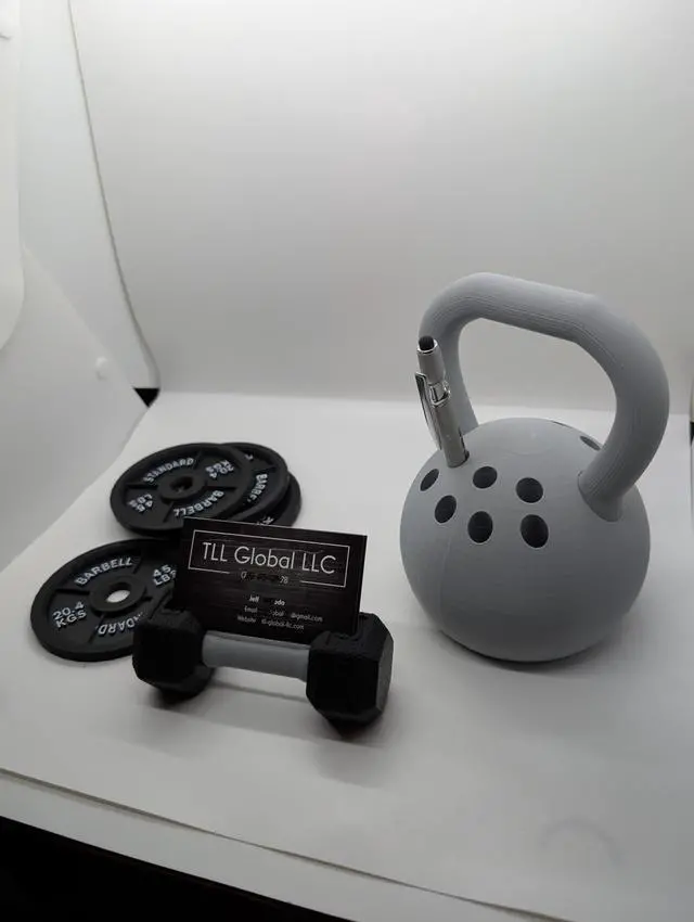 Alt view image 2 of 2 - Gym Themed Desk Accessories Dumbbell Business Card Holder, Kettlebell Pen Holder, and 4 Weight Coasters barbell. perfect for Gym office