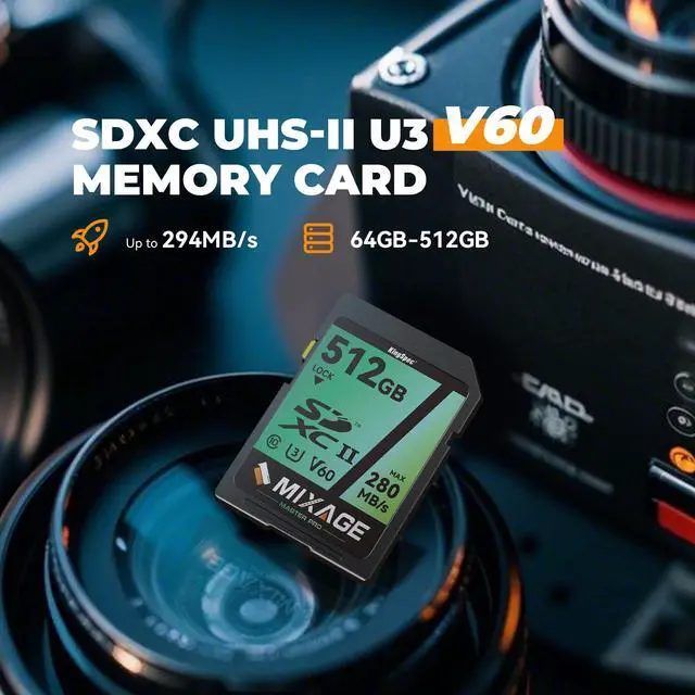 Alt view image 2 of 7 - MIXAGE 128GB SD Memory Card V60 UHS-II U3 A1 Speed Up to 280MB/s C10 SDXC for 4k/8k Video