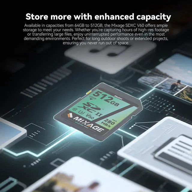 Alt view image 5 of 7 - MIXAGE 128GB SD Memory Card V60 UHS-II U3 A1 Speed Up to 280MB/s C10 SDXC for 4k/8k Video