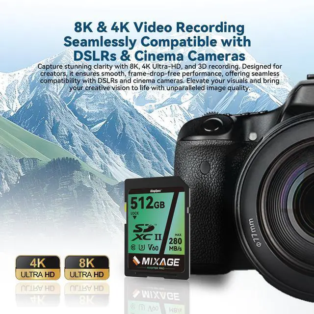 Alt view image 3 of 7 - MIXAGE 128GB SD Memory Card V60 UHS-II U3 A1 Speed Up to 280MB/s C10 SDXC for 4k/8k Video