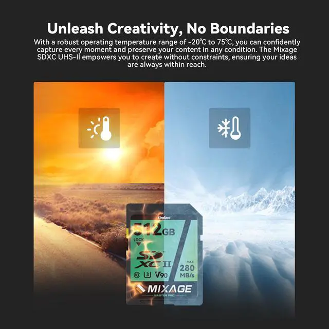 Alt view image 2 of 7 - MIXAGE High Speed 256GB C10 UHS-II U3 V90 A1 SD Memory Card Read/Write Speed Up to 280/269MB/s For 4K/8K Video Recording 256GB