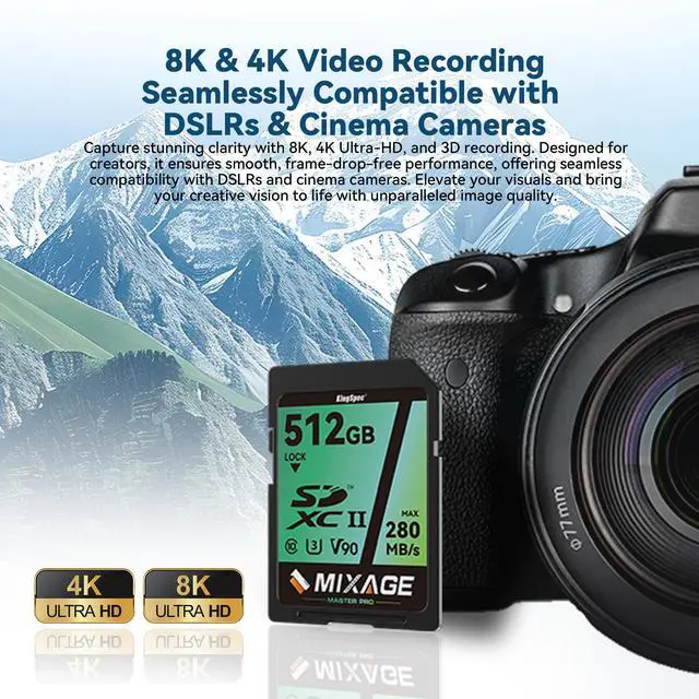 Alt view image 4 of 7 - MIXAGE High Speed 256GB C10 UHS-II U3 V90 A1 SD Memory Card Read/Write Speed Up to 280/269MB/s For 4K/8K Video Recording 256GB