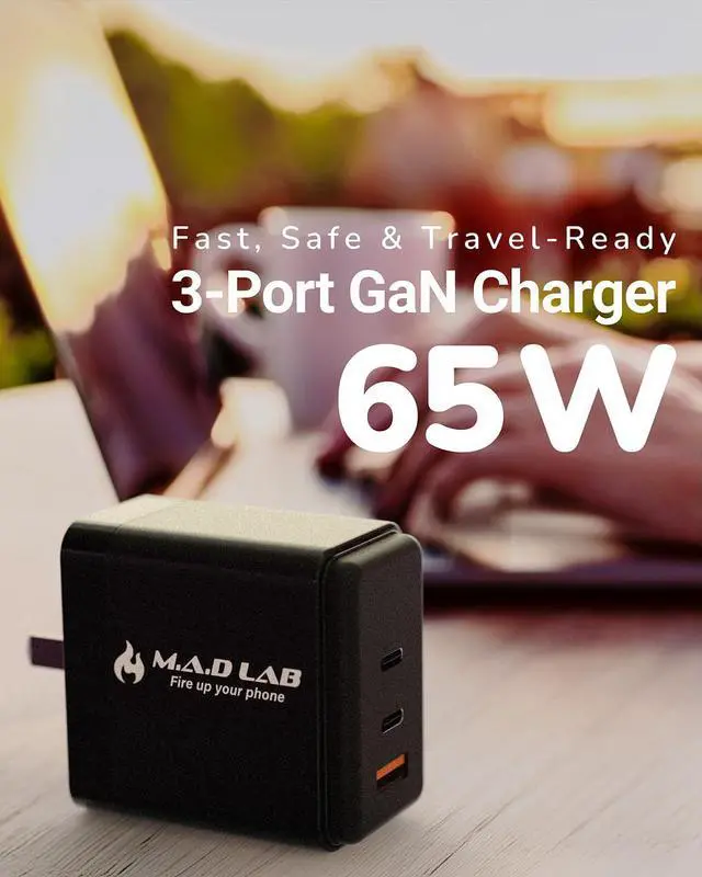 Alt view image 2 of 7 - M.A.D LAB 65W GaN Fast Charger  3-Port USB C Charger Block, Compact Travel Adapter, Swappable Plugs, High-Speed Charging for iPhone, iPad, MacBook, Android, and More