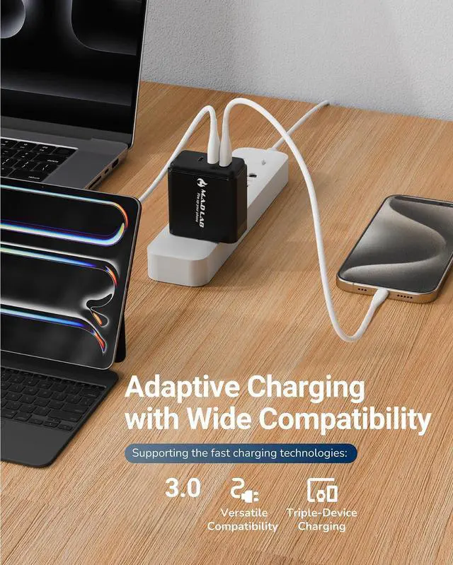 Alt view image 7 of 7 - M.A.D LAB 65W GaN Fast Charger  3-Port USB C Charger Block, Compact Travel Adapter, Swappable Plugs, High-Speed Charging for iPhone, iPad, MacBook, Android, and More